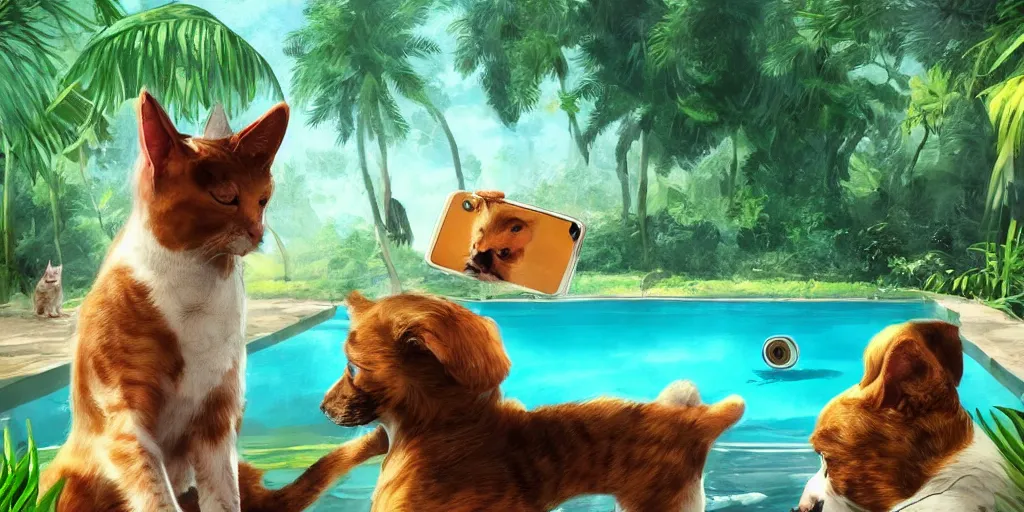 Image similar to cat and dog taking selfie in a swimming pool in the middle of the jungle, highly detailed, digital painting, artstation, concept art