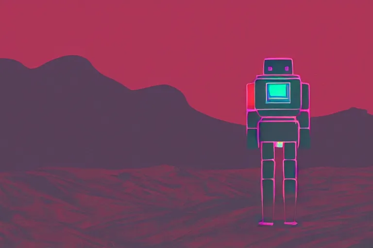 Image similar to a robot standing on mars in the style of flooko, acrylic art, detailed, moonlight, red lighting, bokeh, synthwave, psychedelic, glitch, neon,