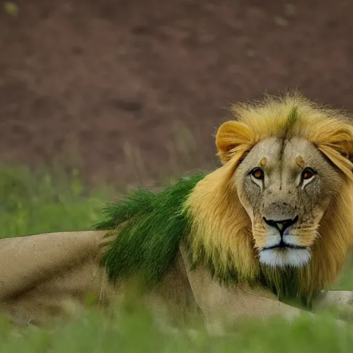 Prompt: green lion in savanna