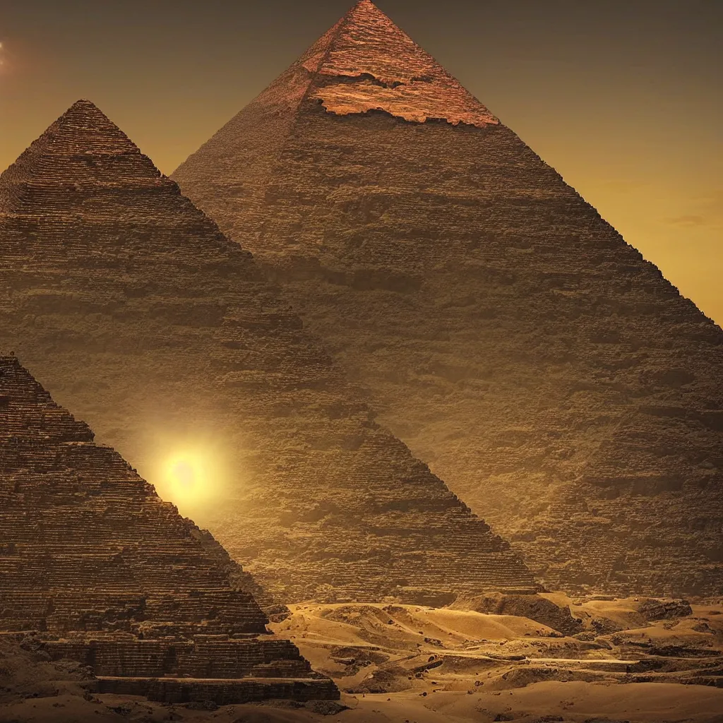 Image similar to “ a woman sees a paradox in front of her unfolding, a golden light shines above, a golden pyramid appears on the horizon, highly detailed in 4 k ”