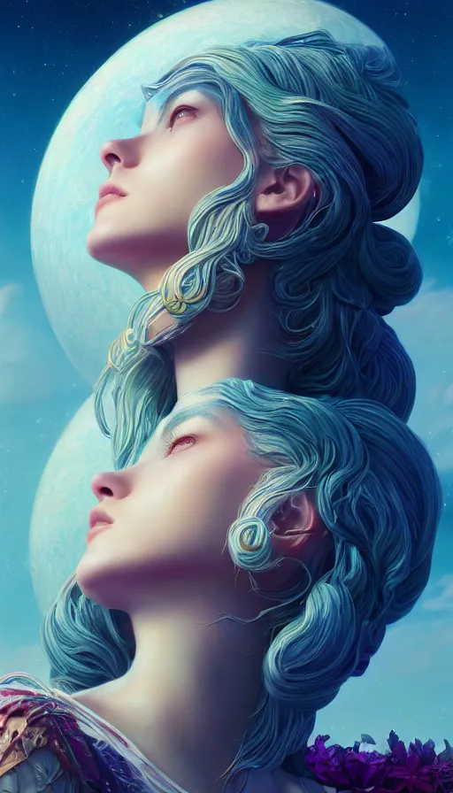 Prompt: a beautiful goddesses, profile, planets, sky, dream, highly detailed, digital painting, refreshing, trending on artstation, octane render, hyper realistic, illustration by james jean