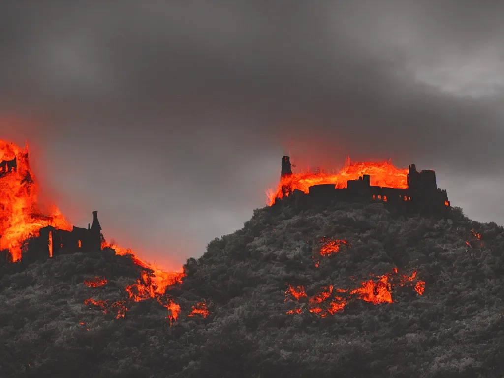 Image similar to a dark castle on an island, with a firey presence trapped inside. dusk lighting, ominous, landscape