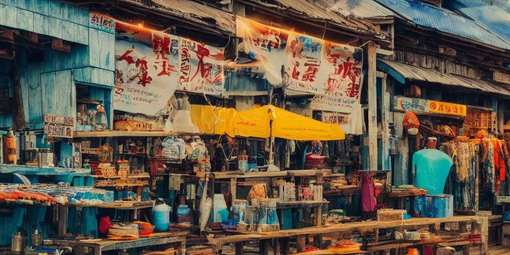 Image similar to extreme close - up of a sundry shop at pulau indah fishing village, near a jetty, early morning, detailed matte painting, low angle view, telephoto lens, bokeh, studio ghibli, artstation