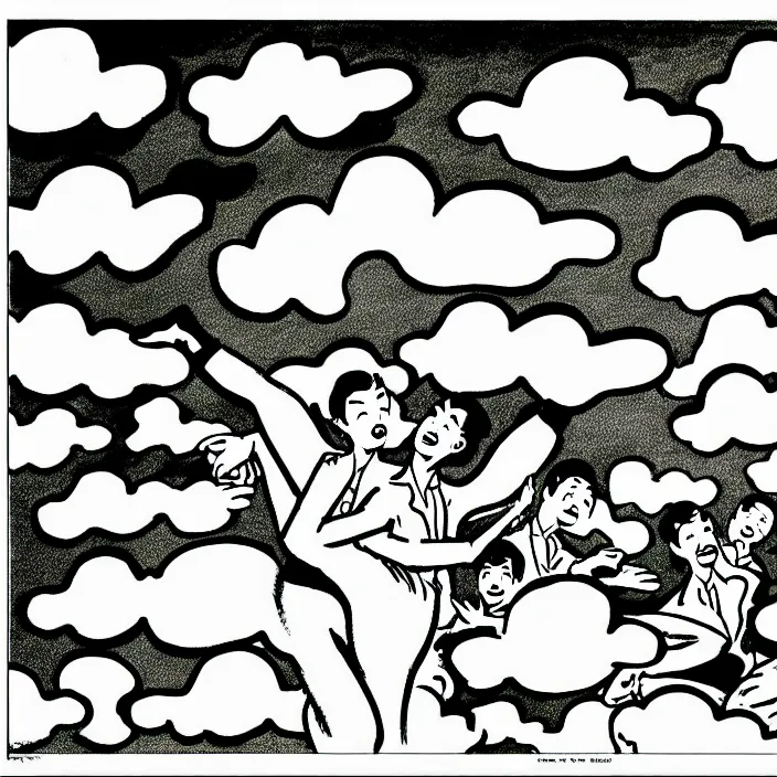 Prompt: a still frame from comic strip, birds dancing clouds 1 9 5 0, herluf bidstrup, new yorker illustration, monochrome contrast bw, lineart, manga, tadanori yokoo, simplified,