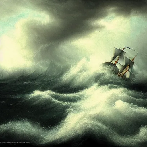 Image similar to a majestic ship sinking in a raging storm, dark mood, amazing lighting, highly detailed