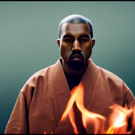 Image similar to cinematic film still of Kanye West starring as a Japanese Sensei with fire, Japanese CGI, VFX, 2003, 40mm lens, shallow depth of field, film photography