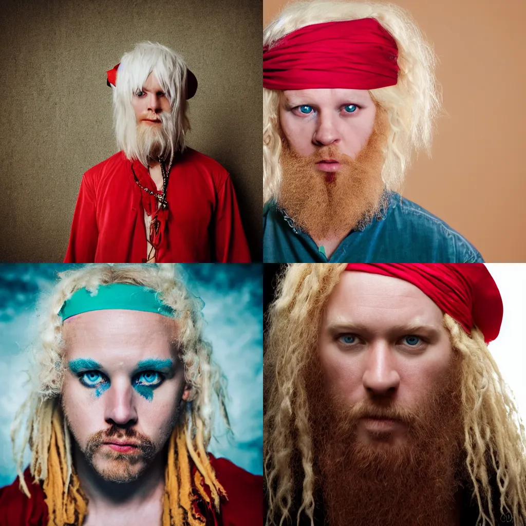 Prompt: portrait photo an albino pirate Man with red headband and very short curly blonde hair, 70mm sigma lens, cinematic lighting, movie still, HD, teal color graded