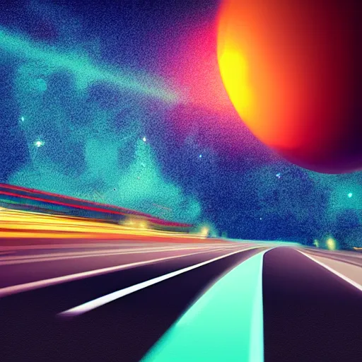 Image similar to A car flying through space, in the distance is a planet, neon, colorful, hyper realistic