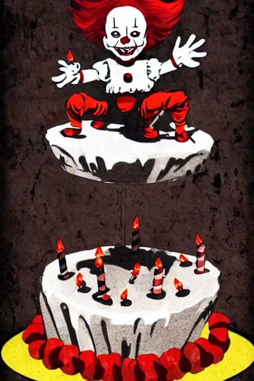 Prompt: a horror movie poster featuring Pennywise jumping out of a birthday cake