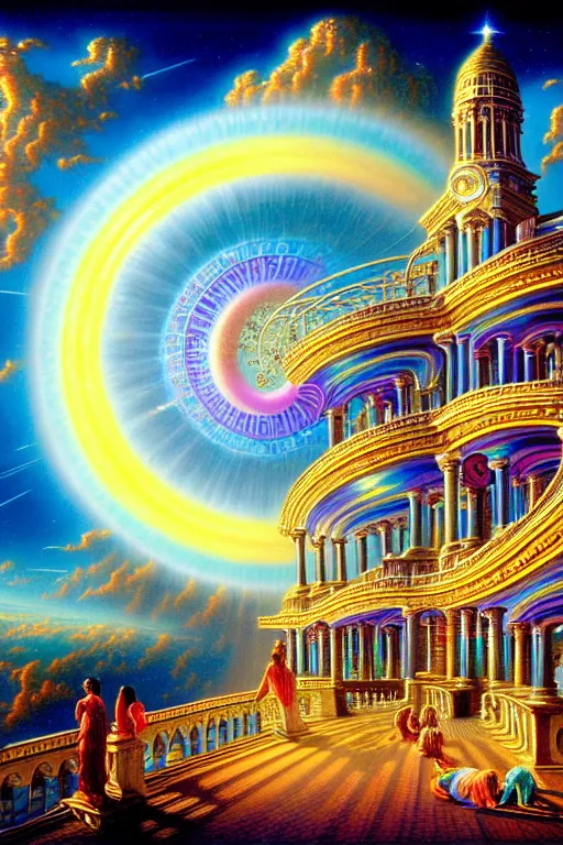 Prompt: a photorealistic detailed cinematic image of a beautiful vibrant iridescent future, human evolution, spiritual science, divinity, utopian, beautiful being, enlightenment, intelligent design, oracle, mind, ornate cumulus clouds, ornate spiral stairs, isometric, by david a. hardy, kinkade, lisa frank, wpa, public works mural, socialist
