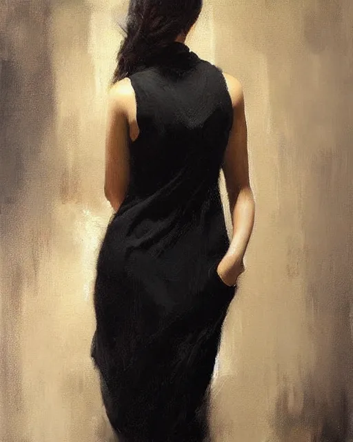 Prompt: beautiful portrait painting an gorgeous delhi girl wearing a little black dress, oil painting, art by ruan jia