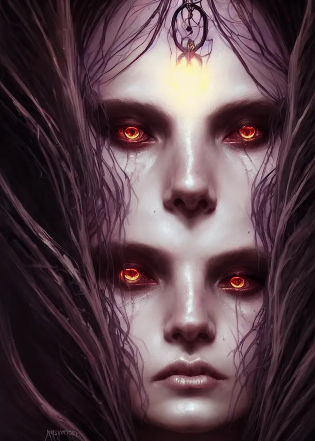 Image similar to Necromancer Sorceress face close-up macro in center, fantasy magic, undercut hairstyle, dark light night, intricate, elegant, sharp focus, illustration, highly detailed, digital painting, concept art, matte, art by WLOP and Artgerm and Greg Rutkowski and Alphonse Mucha, masterpiece