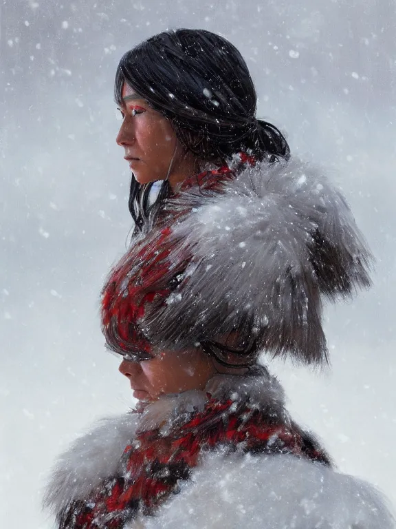 Image similar to an ultradetailed beautiful portrait painting of an female tribe native standing in an arctic snow storm, side view, oil painting, high resolution, by ilya kuvshinov, greg rutkowski and makoto shinkai