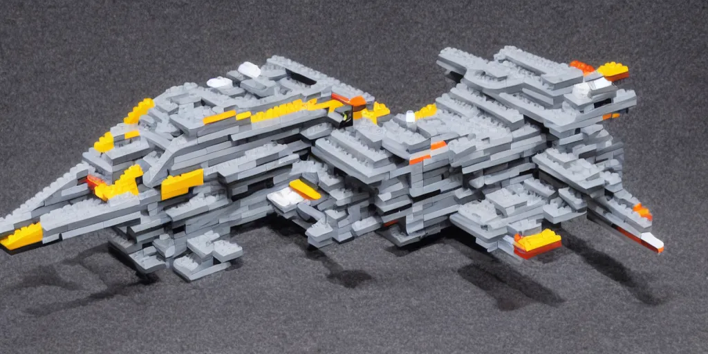 Prompt: gigantic spaceship made with grey legobricks, flying in the galaxy