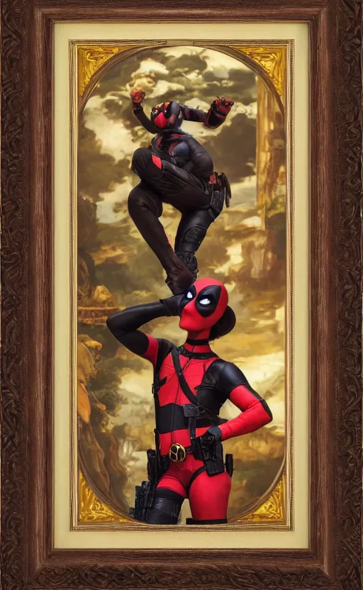 Prompt: deadpool portrait photography masterpiece, facial features are a hybrid of judy garland and a thin jo brand, thin, aged 2 5, perfectly poised, foreshortening, brown hair fringe, yellow ochre ornate medieval dress, frederic leighton, background by william morris and kilian eng, framed, 4 k