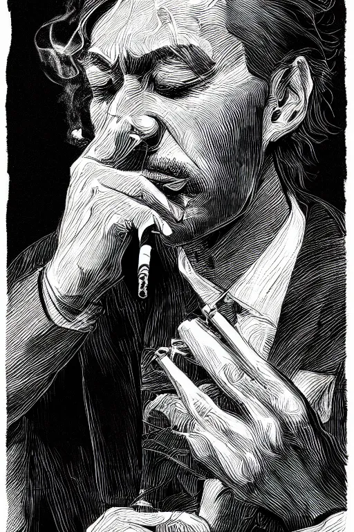 Image similar to hyperdetailed portrait of a man smoking a cigarette, by nicholas delort, artstation, smooth, graphic black and white. intricate, elegant, central composition, golden ratio,
