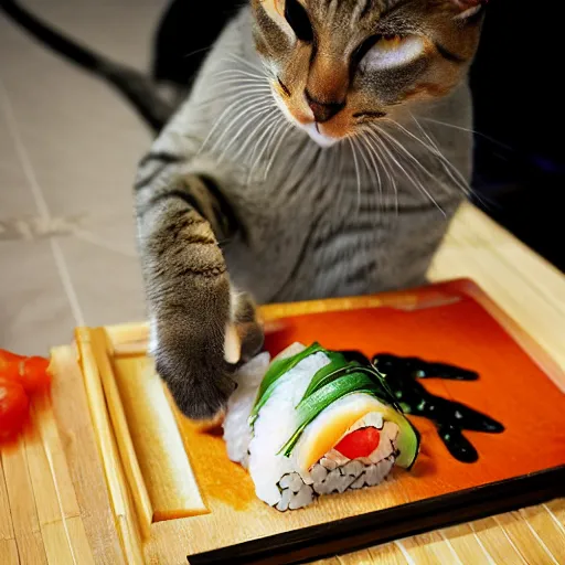 Prompt: cat making sushi