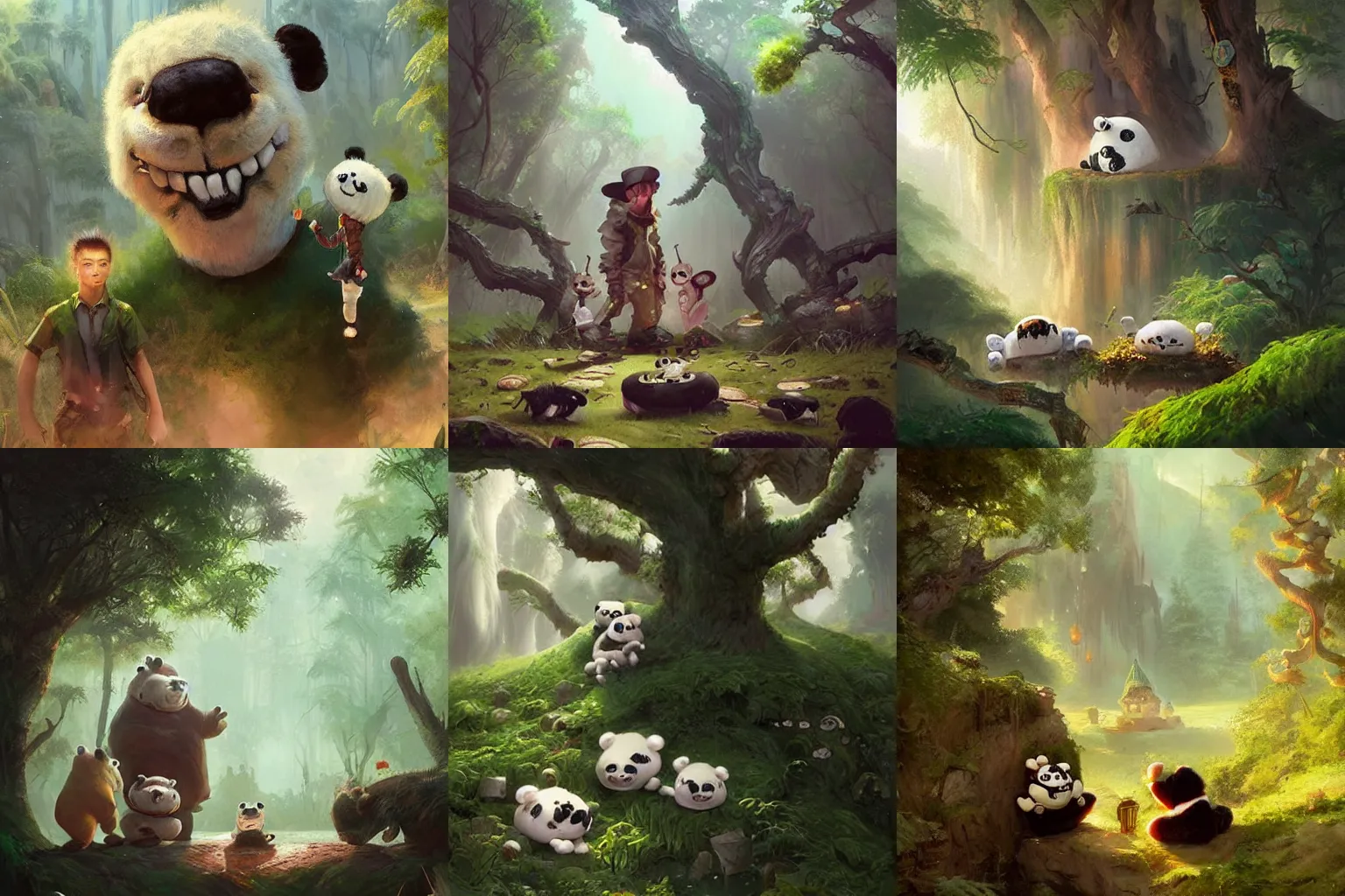 Prompt: a magical land where scary man eating stuffed toy pandas torment young caucasian men with brown hair and green eyes, digital painting by ross tran, greg rutkowski