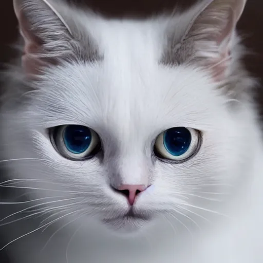 Image similar to white cat big eyes a lot of fur cute highly detailed high - quality photo realistic 8 k