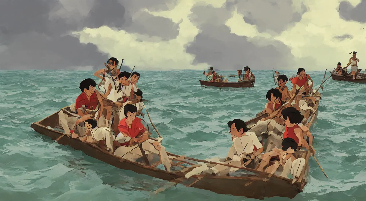 Image similar to havanese dogs and men on row boats, coming ashore in micronesia, 1 9 0 0, tartakovsky, atey ghailan, goro fujita, studio ghibli, rim light, dark lighting, clear focus, very coherent