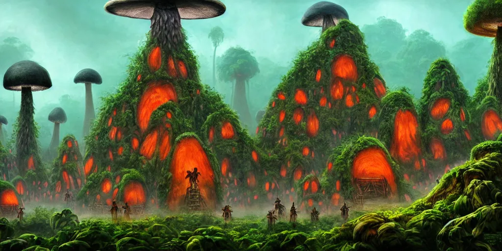 Image similar to a jungle village of ape - god worshippers and their giant mushroom dwellings, matte oil painting, retrofuturistic, science fantasy, salt, rust, polyps, mutant, lgbt, queer, rpg, epic, dungeons & dragons, sacred, sharp focus, award - winning, extremely detailed, 4 k, 8 k