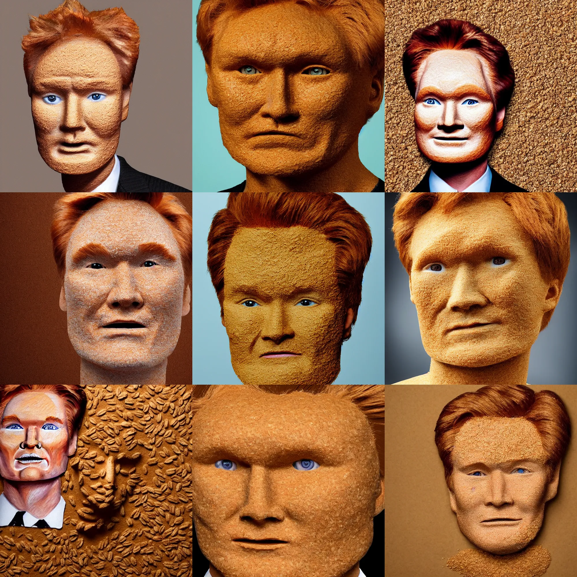 Prompt: face made of oat bran made of conan o'brien, body made of oat bran made of conan o'brien, high detail portrait photo