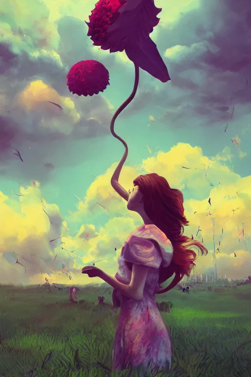 Image similar to closeup, girl with giant flower head, monsteras overhead, surreal photography, wind and cold, dramatic sky, impressionist painting, digital painting, artstation, simon stalenhag