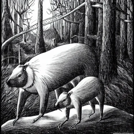 Image similar to capybara, style of kentaro miura, in a spooky forest