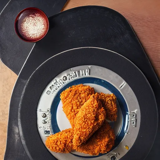 Image similar to chicken fried on a computer cpu chip plate, food, photograph, poster, orthographic