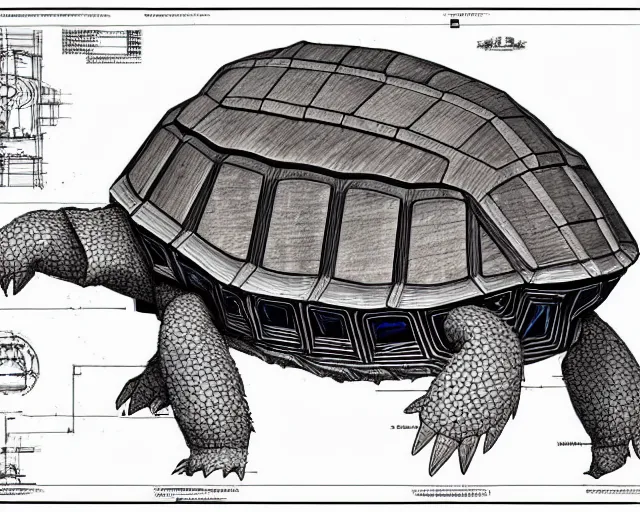 Image similar to a full page of a mechanical blueprint showing a cutaway design for a mechanized tortoise from howl's moving castle ( 2 0 0 4 ), with a big head, muted colors, post grunge, studio ghibli, hq,