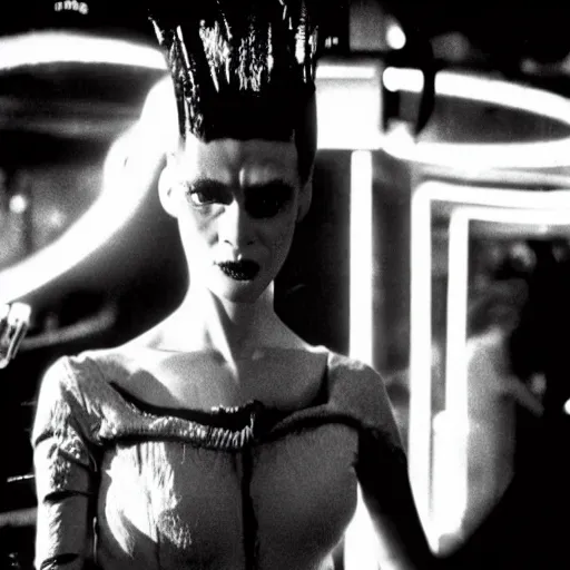 Image similar to cinematic portrait of bride of frankenstein as a replicant in a nightclub, confused and angry, still from the movie bladerunner, fashion photography, a neon sign is in the background