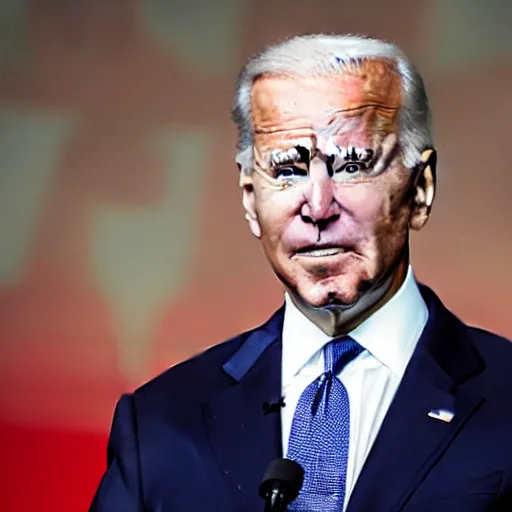 Prompt: Joe biden draped in russian colors, russian flag behind him.