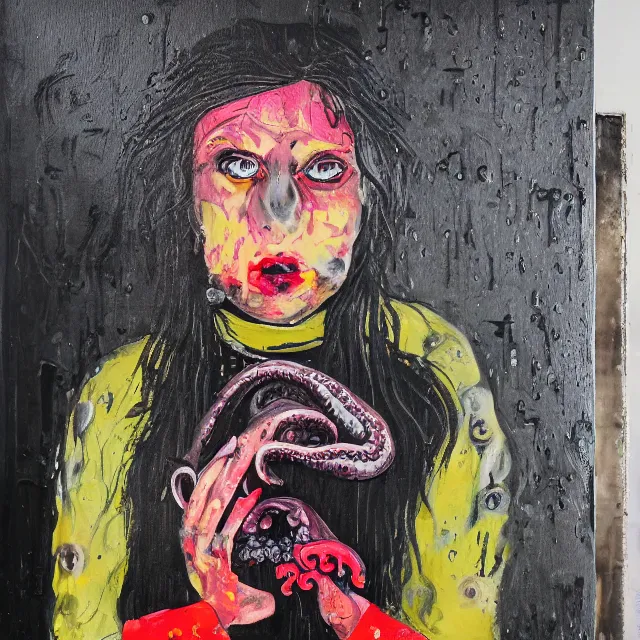 Image similar to a portrait in a dark apartment, rats, a widow holding an octopus, streetlamps, wet, puddles, wild berries, metaphysical, neo - expressionism, surrealism, acrylic and spray paint and oilstick on canvas