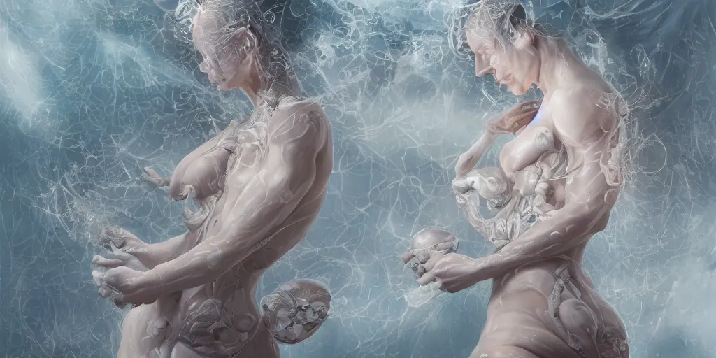 Image similar to hyperrealistic solarpunk photography of a highly detailed and symmetrical gorgeous cyborg nymph awash in a sea of milk in the style of beth cavener, jin kagetsu, james jean and wlop, face symmetry, masterpiece, award - winning, sharp focus, intricate concept art, ambient lighting, 8 k, artstation