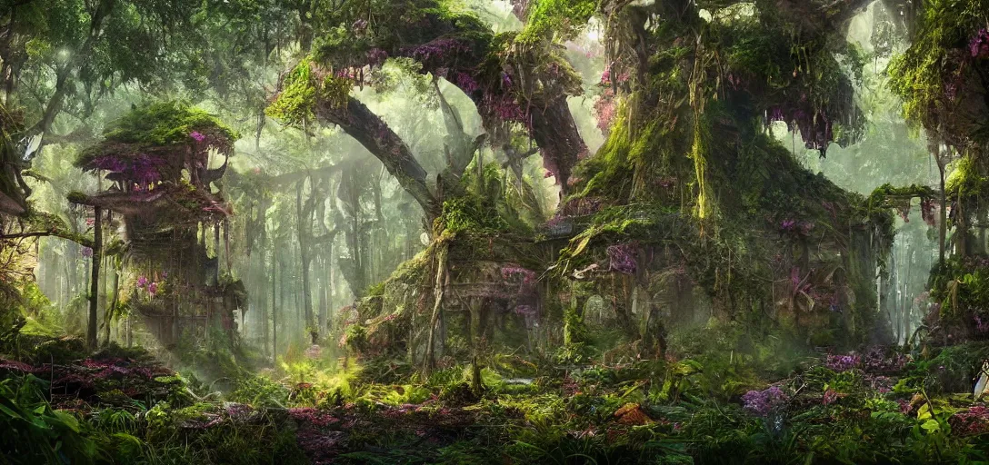 Prompt: enormous overgrown ruins in picturesque fantasy mystical fairy tale forest vibrant colours, 8k photorealistic, black background, HD, high details, trending on artstation