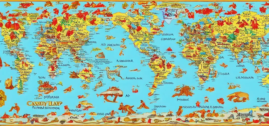 Image similar to an accurate world map made of candy, in the style of a treasure map