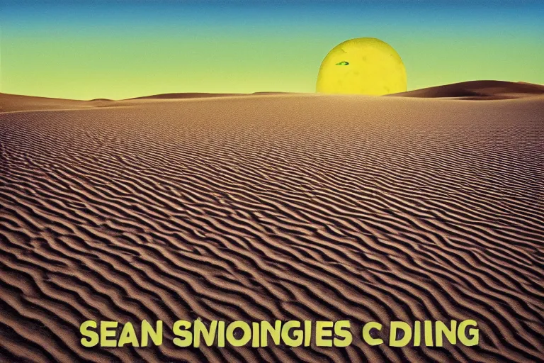 Image similar to sand dunes crossing over a pickle-filled ocean, 90's album cover, album art