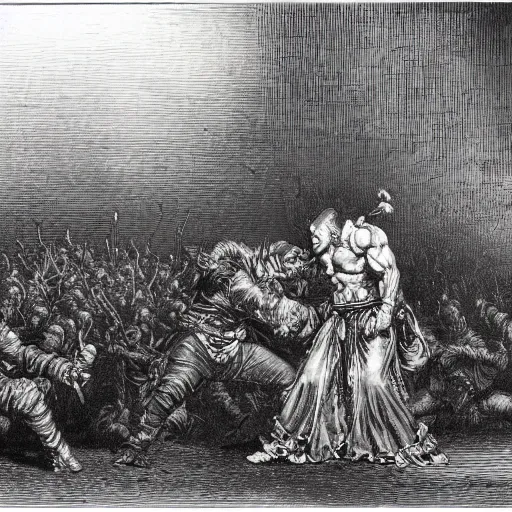 Prompt: A scene from Tekken 7, wood engraving, by Gustave Dore