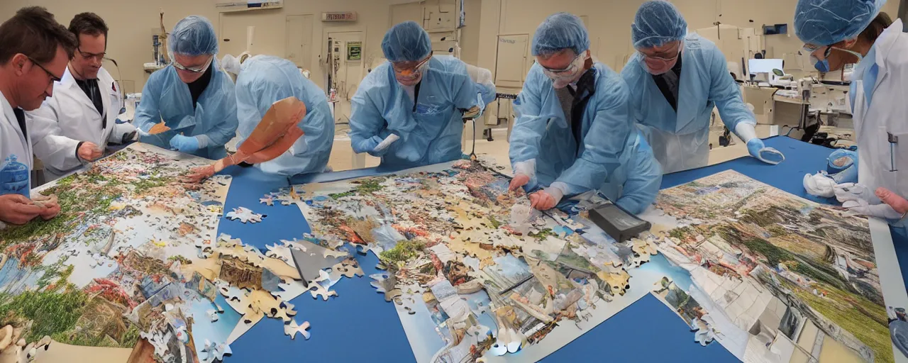 Image similar to three surgeons performing an operation on a 1000 piece jigsaw puzzle of a landscape on an operating table