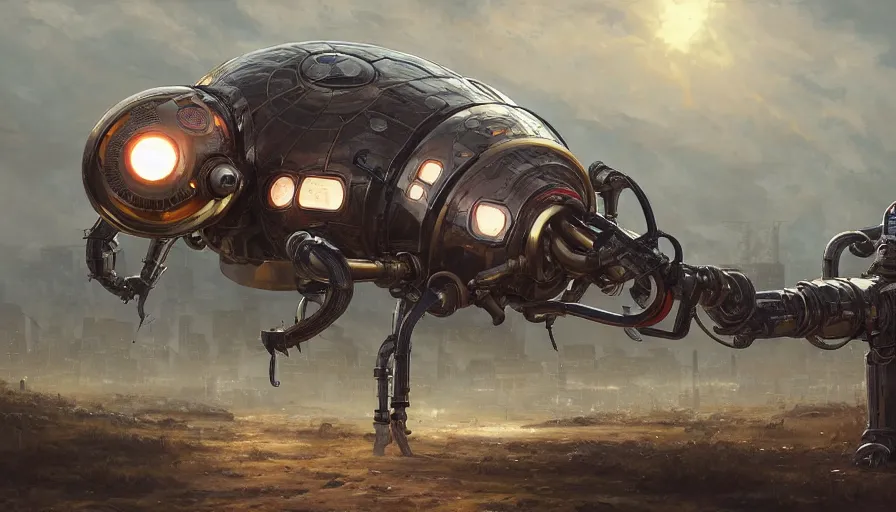 Prompt: a giant retrofuturistic hybrid beetle harvesting bulbs of energy, robot metallic armor, clean design, science fiction, vast field og energy bulbs, art by giger and greg rutkowski and hikari shimoda and edmund blair leighton and charlie bowater, trending on artstation, 8 k