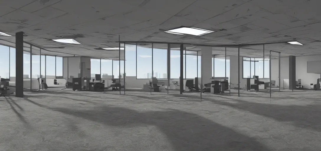 Prompt: photo of abandoned office daytime, bright, 8 k photorealistic, hd, high details, trending on artstation