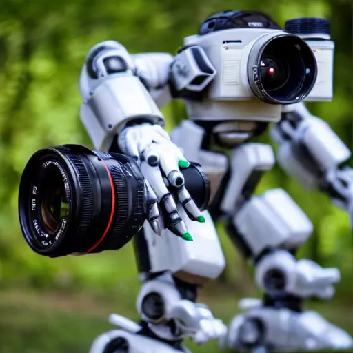 Prompt: mecha robot as a photographer with canon 5 d mark 2 dslr camera