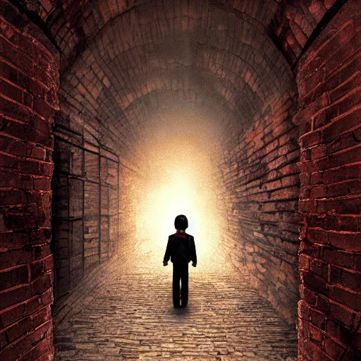 Image similar to a boy victim being intimidated by a succubus in a leather suit, devi wings, cracked brick wall, long hallway, light at the end of the tunnel, volumetric lighting, concept art, fantasy, dramatic lighting, daz, by mark ryden, hayao miyazaki