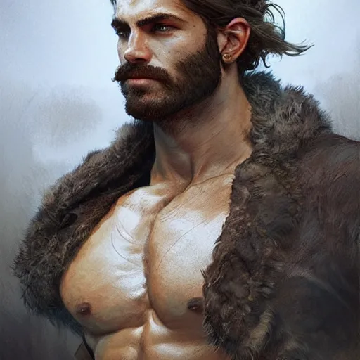 Prompt: portrait of a young rugged ranger, muscular, bust, hairy chest, D&D, fantasy, intricate, cinematic lighting, highly detailed, digital painting, artstation, concept art, smooth, sharp focus, illustration, art by Artgerm and Greg Rutkowski and Alphonse Mucha