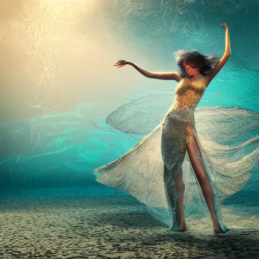 Prompt: woman dancing underwater wearing a long flowing dress made of many translucent layers of silver and blue lace seaweed, bolts of bright yellow fish, delicate coral sea bottom, swirling silver fish, swirling smoke shapes, octane render, caustics on the seafloor, lighting from above, cinematic, hyperdetailed