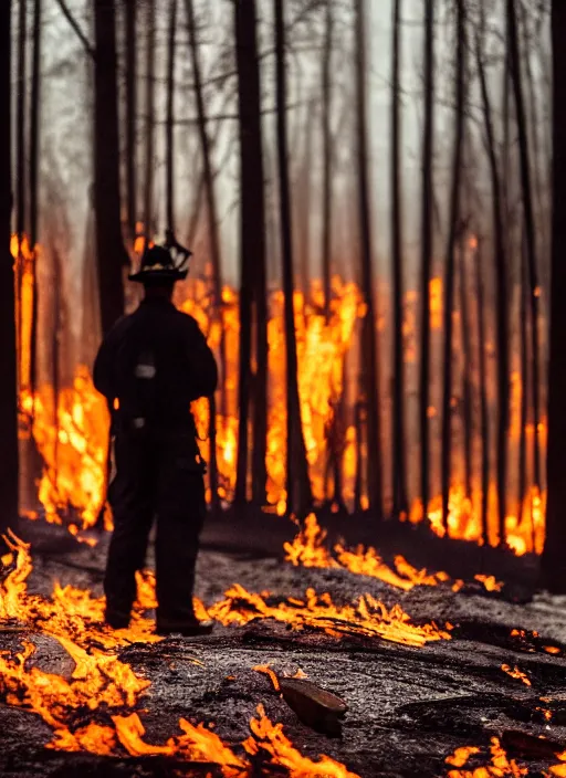 Image similar to a 3 5 mm photo from the back of a firefighter standing in front of a burning forest, bokeh, canon 5 0 mm, cinematic lighting, film, photography, depth of field, award - winning, bokeh