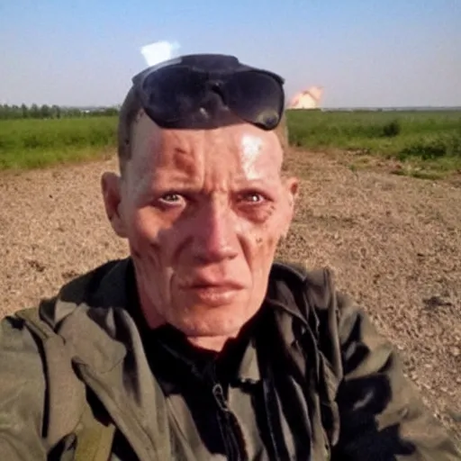 Image similar to last selfie of last alive funny scared ukrainian very damaged body to bones, bleeding running from nuclear rockets and nuclear explossions, big nuclear explosion at background, and nuke missles fly right in lens,