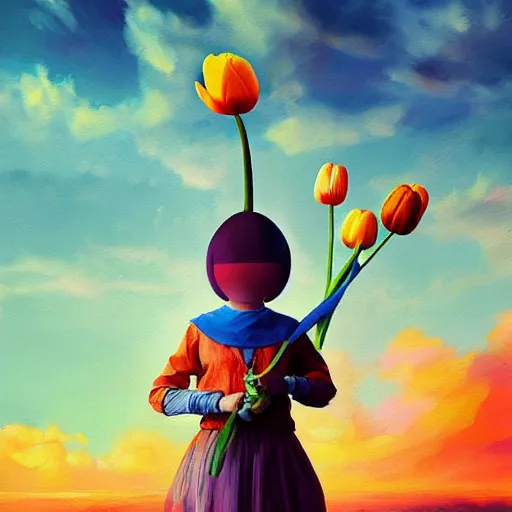 Image similar to girl with singular giant tulip as a head, surreal photography, flower field, sunset dramatic light, impressionist painting, colorful clouds, blue sky, digital painting, artstation, simon stalenhag