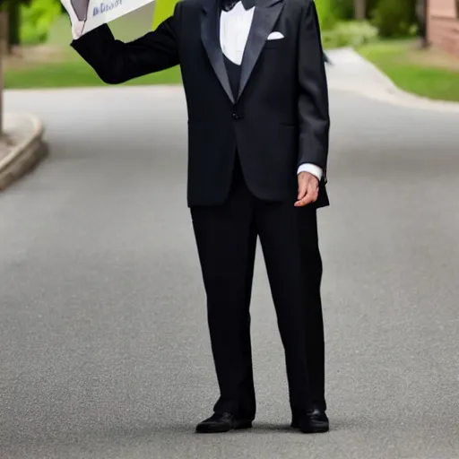 Image similar to stock image of a man in a tuxedo holding up a sign that says im using stable diffusion!!
