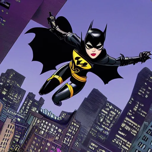 Prompt: Cassandra Cain (Batgirl) swinging through Gotham, as animated by Pixar, Disney, CG animation, film still